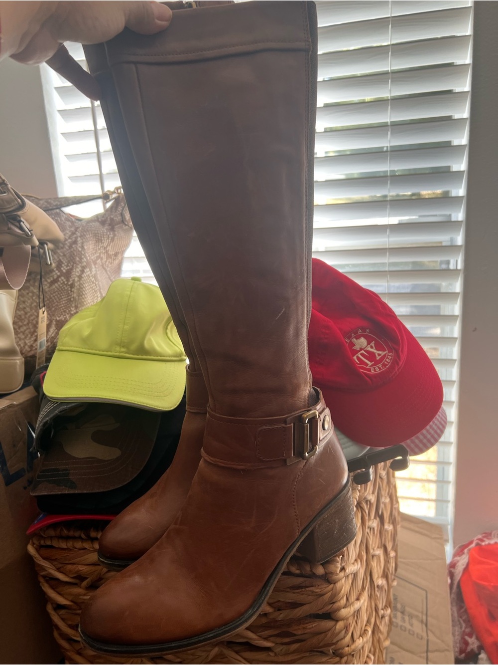 Franco Sarto Brown Leather Mid-Calf Riding Boots with Side Buckle